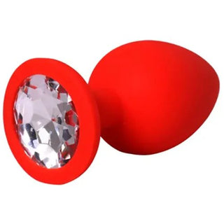 PLUG ANAL DE SILICONA ROJO CON JOYA TRANSPARENTE TALLA S